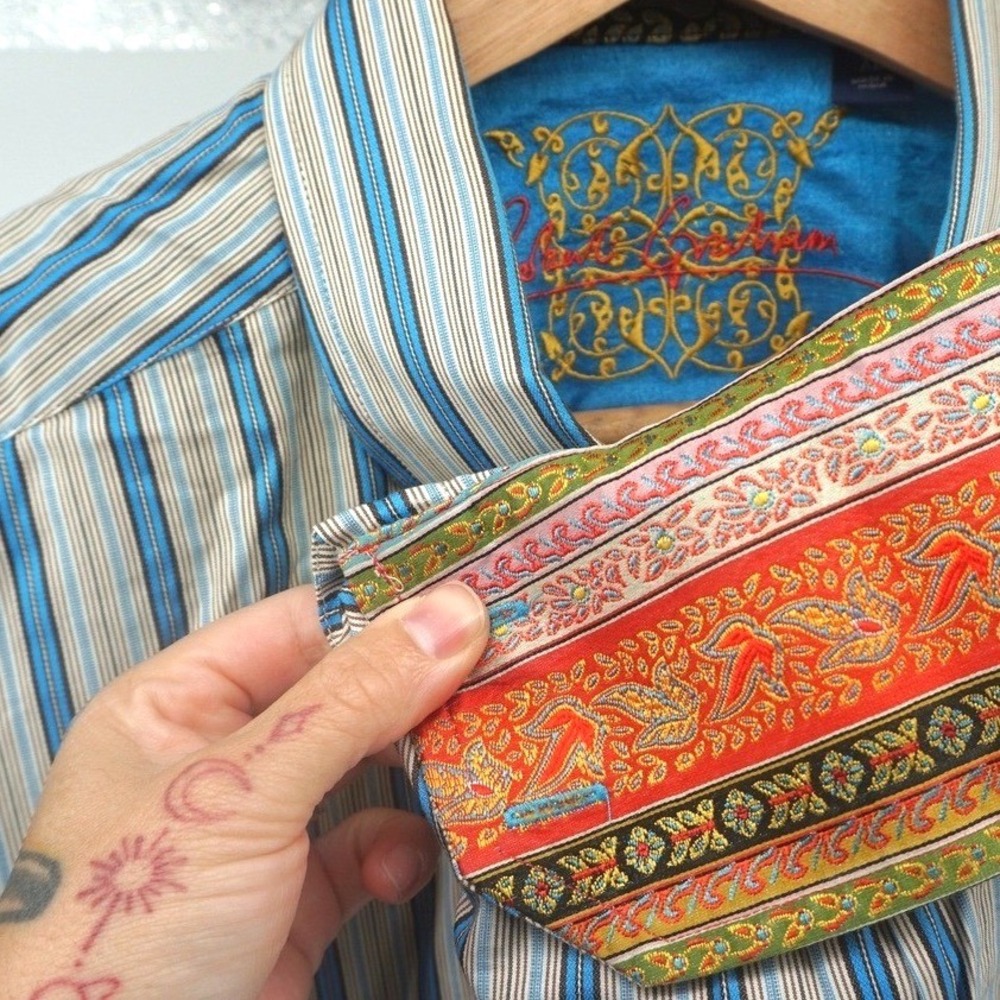 Robert Graham Mens XL Button Up Shirt Striped Blue Tan Flip Cuffs Floral‎ 0733